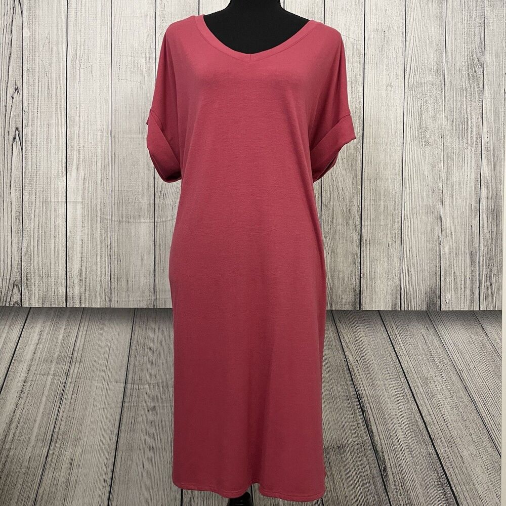 Zenana Women’s 1X Pink Midi Shift Dress Pockets Casual Everyday Soft Stretch